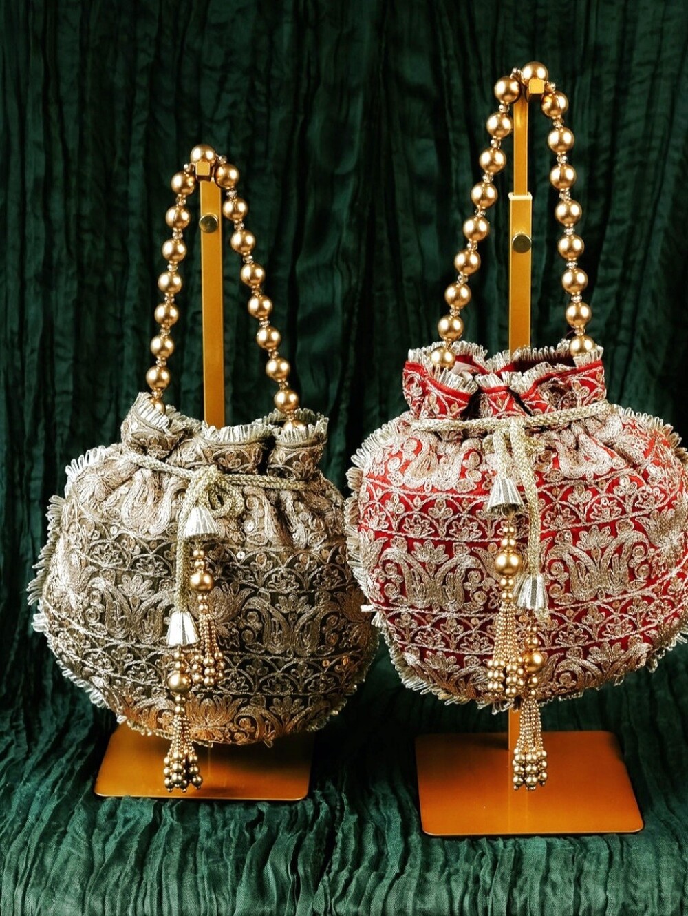 Elegant Red Embroidered Drawstring Potli Bag with Tassels In 3 Colors. $55 Each.